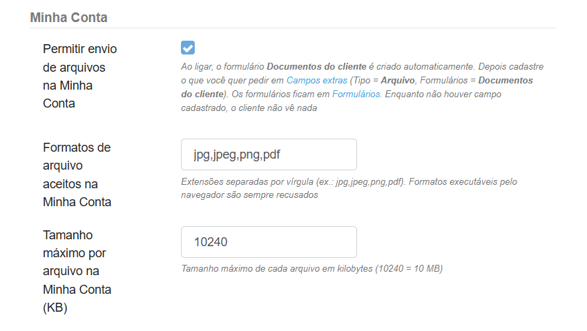 Bloco Minha Conta com o envio ligado